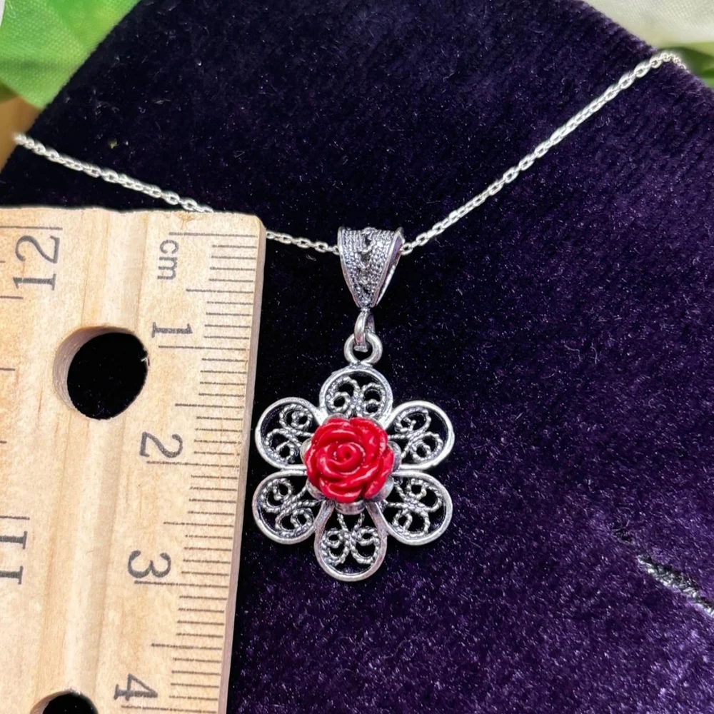 925 Sterling Silver Turkish Filigree Flower Necklace for Women, NEW,HandmadeGift - Picture 2 of 5